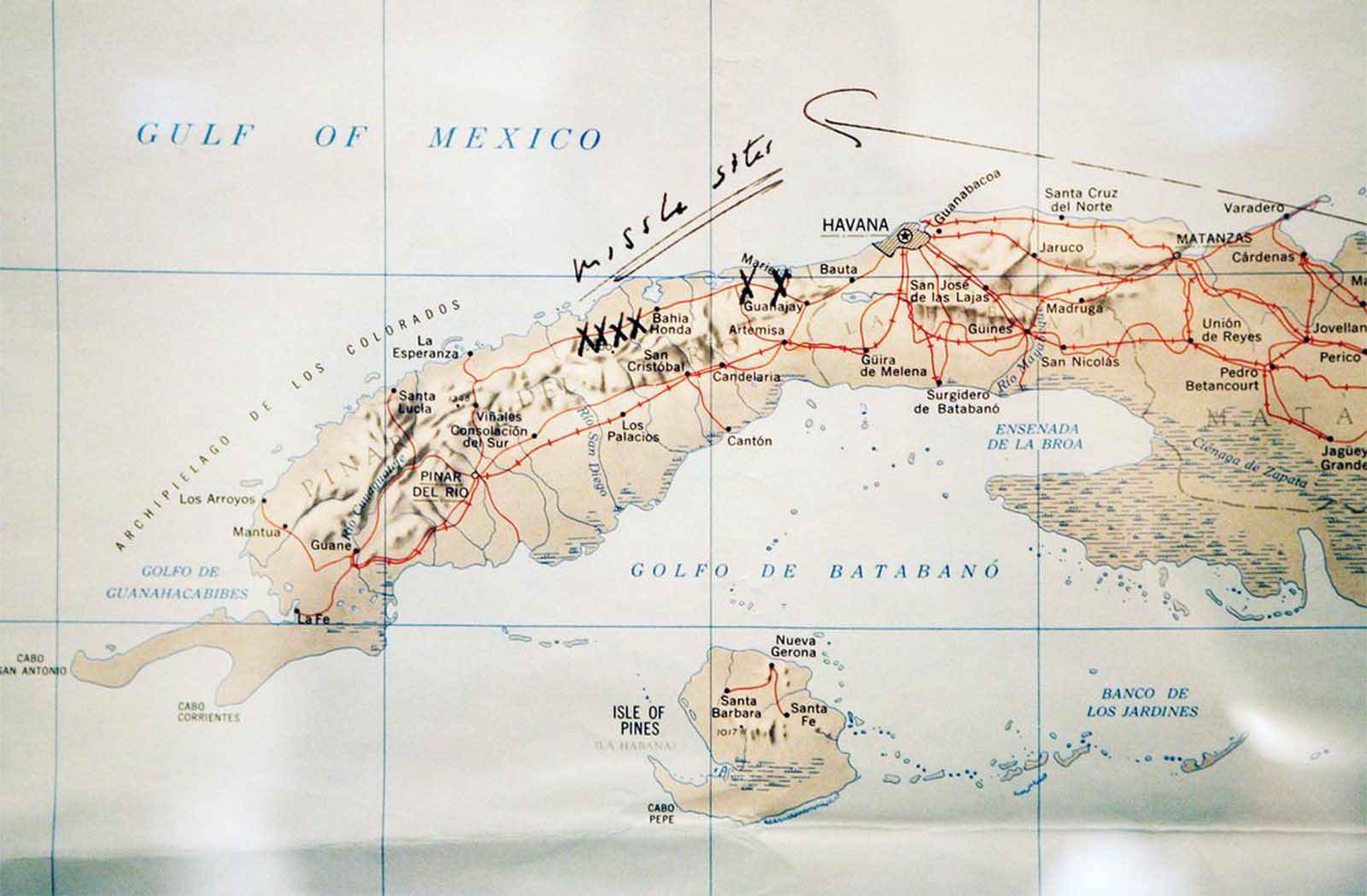 A map of Cuba annotated by former U.S. President John F. Kennedy, displayed for the first time at the John F. Kennedy Library in Boston, Massachusetts, on July 13, 2005. Former President Kennedy wrote “Missile Sites” on the map and marked them with an X when he was first briefed by the CIA on the Cuban Missile Crisis on October 16, 1962.