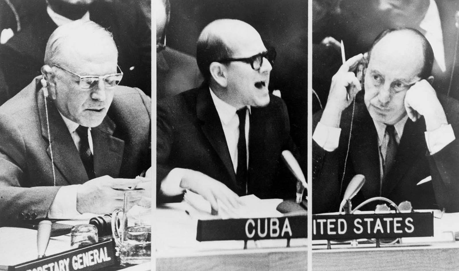 A composite image of three photograph taken on October 23, 1962, during a United Nations Security Council meeting on the Cuban Missile Crisis. From left, Soviet foreign deputy minister Valerian A. Zorin; Cuba’s Permanent Representative to the United Nations, Mario Garcia-Inchaustegui; and U.S. Ambassador Adlai Stevenson.