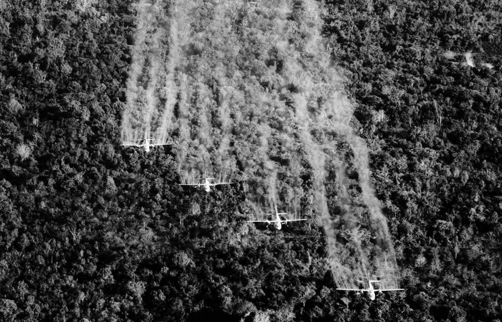 Four “Ranch Hand” C-123 aircraft spray liquid defoliant on a suspected Viet Cong position in South Vietnam in September of 1965. The four specially equipped planes covered a 1,000-foot-wide swath in each pass over the dense vegetation.