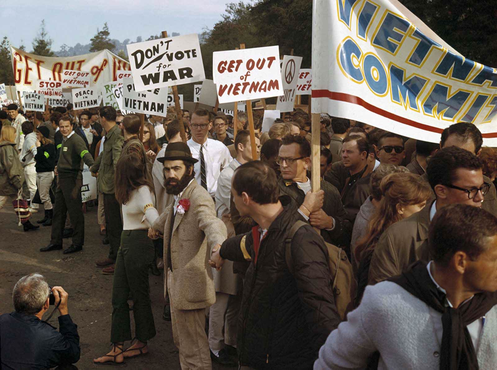 In Berkeley-Oakland City, California, demonstrators march against the war in Vietnam in December of 1965.